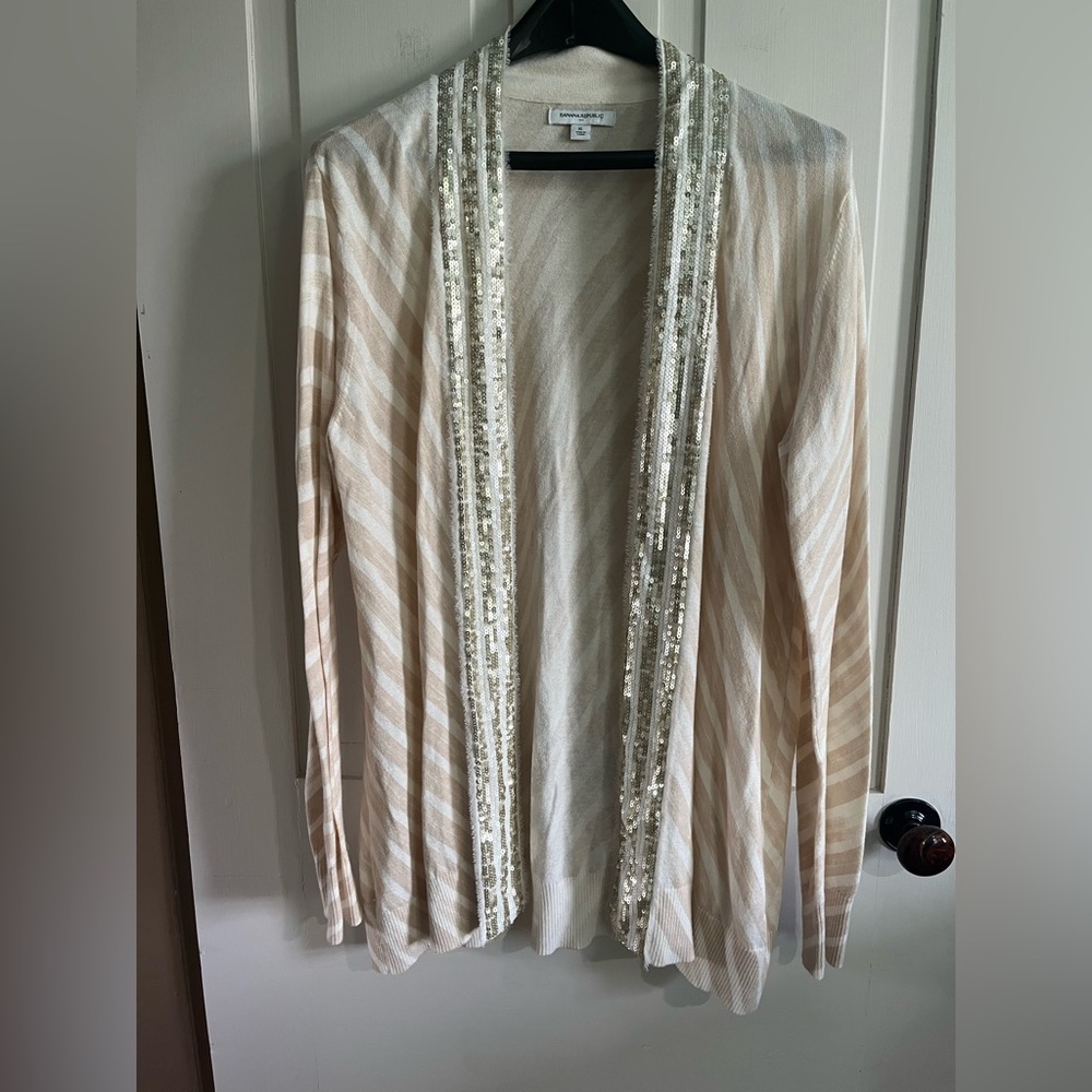 Banana Republic Cream and Beige Striped Sequin Trim Cardigan